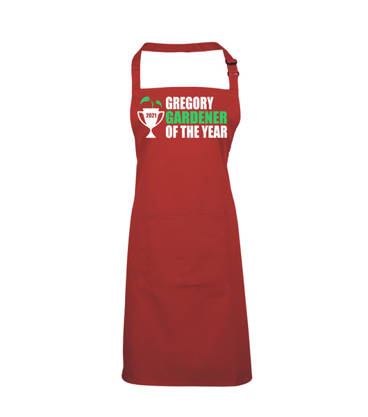 Personalised Gardener of The Year Apron with Green and White Print