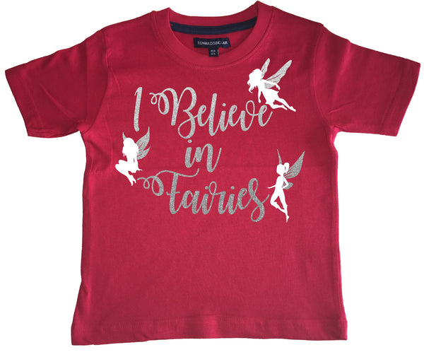 I Believe in Fairies Children's T Shirt with Sparkling Silver and White Print