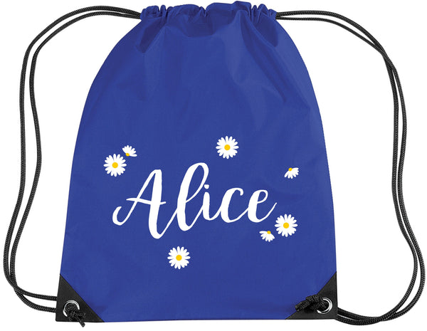 Sac à cordon Daisy Ditsy personnalisé avec nom en imprimé jaune et blanc 