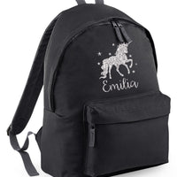 Personalised Unicorn with Stars Backpack with Silver Glitter Print