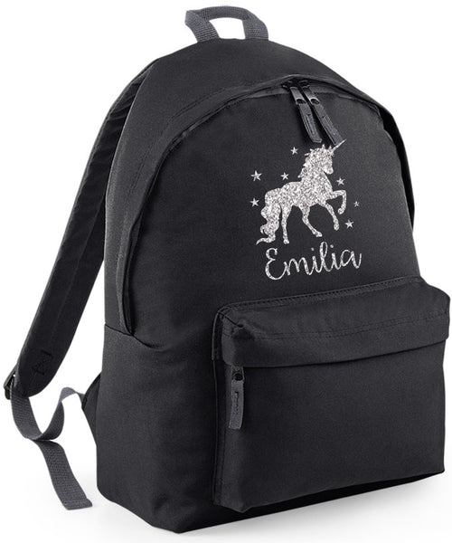 Personalised Unicorn with Stars Backpack with Silver Glitter Print