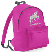 Personalised Unicorn with Stars Backpack with Silver Glitter Print