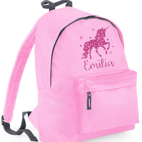 Personalised Unicorn with Stars Backpack with Silver Glitter Print