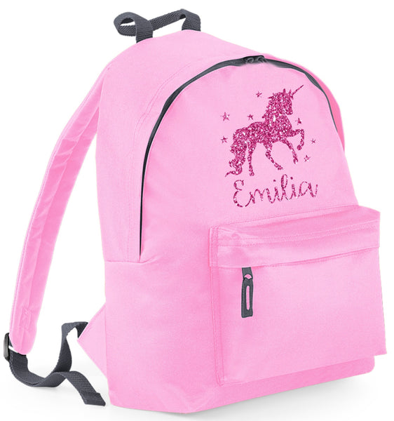 Personalised Unicorn with Stars Backpack with Silver Glitter Print