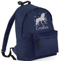 Personalised Unicorn with Stars Backpack with Silver Glitter Print