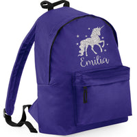 Personalised Unicorn with Stars Backpack with Silver Glitter Print