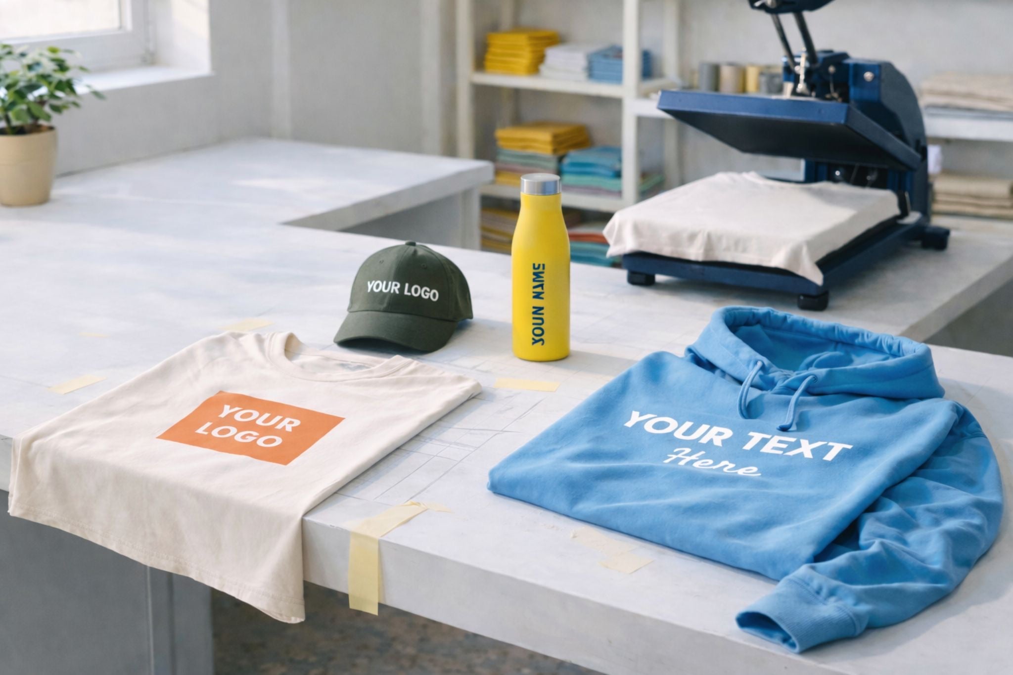Custom branded products including caps, hoodies and bottles