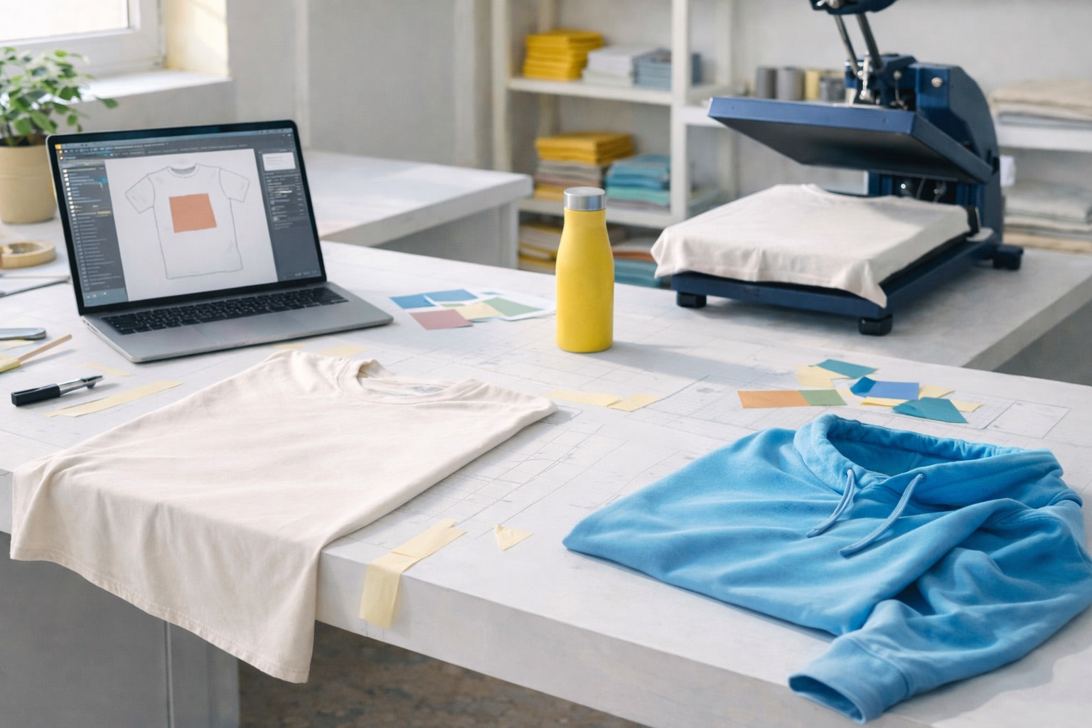 Edward Sinclair workshop with heat press and custom apparel